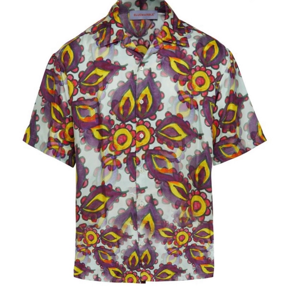 Purple and Yellow Casual Bluemarble Shirt with Psychedelic Floral Pattern